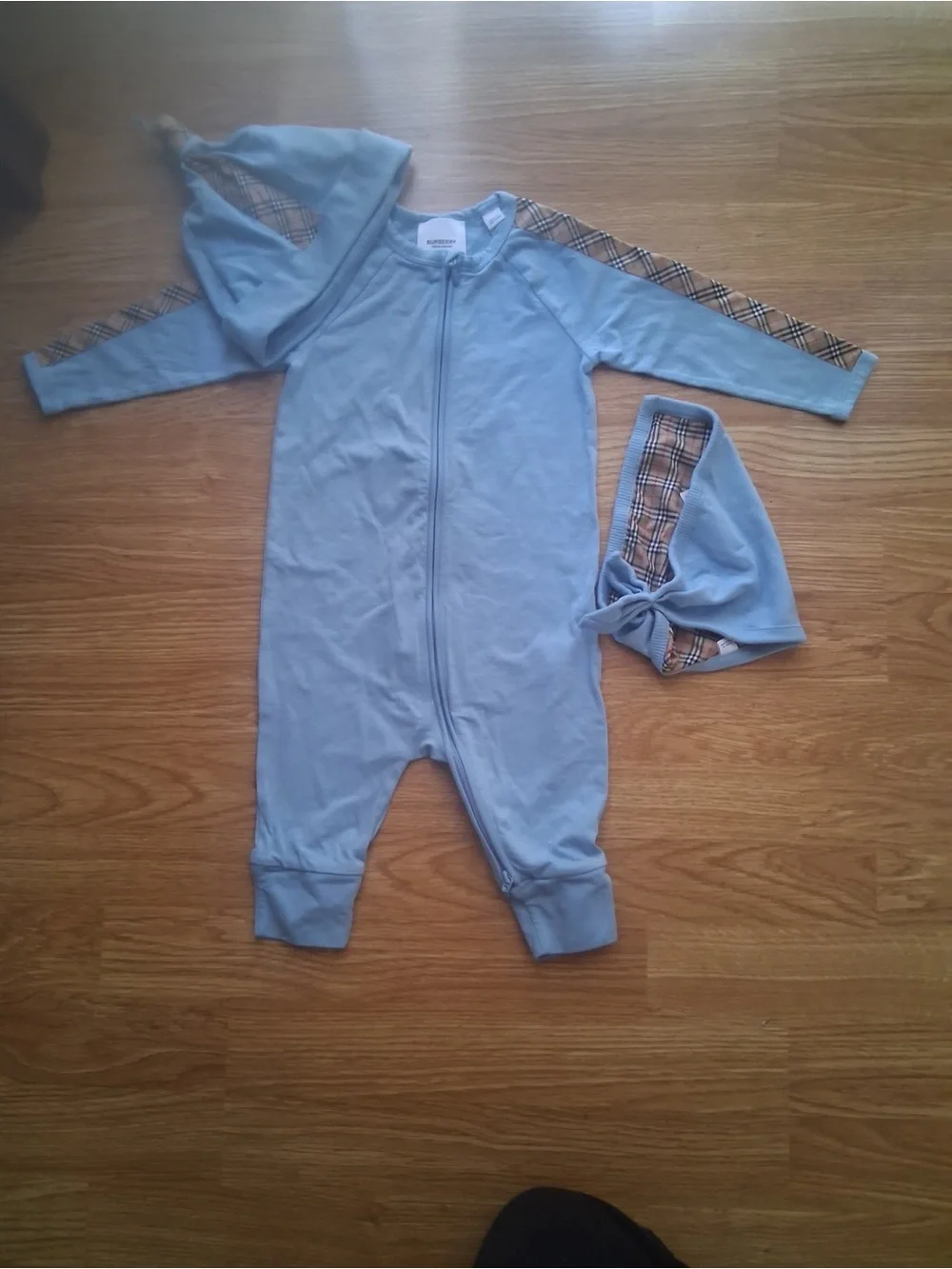 Burberry Light Blue Baby One-Piece with Signature Check Trim and Hat